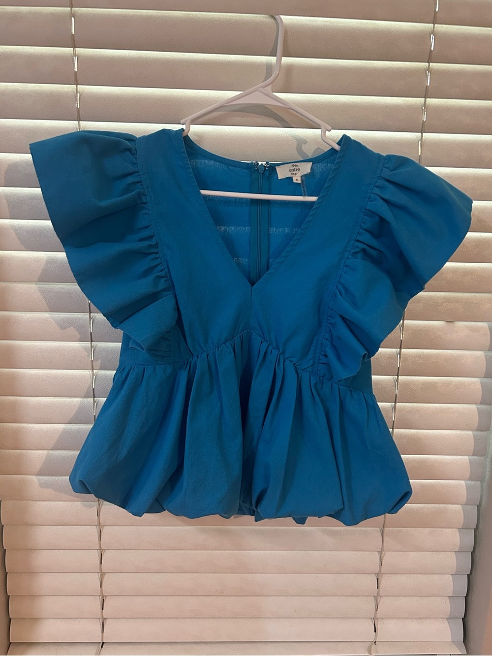 Entro Blue Linen Blend Ruffle Short Sleeve Bubble Hem Top Blouse Small